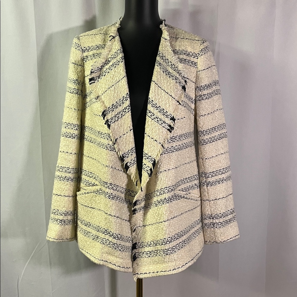Express Cream & Navy Stripe Long Sleeve Open Front Tweed Jacket